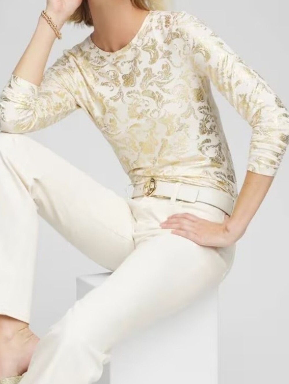 Chico’s Size 2 Touch of Cool Gold Metallic Foil Long Sleeve Top L